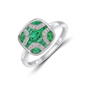 18ct White Gold Emerald & Diamond Cluster Ring