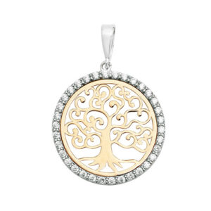 9 Carat Gold Two Tone Round Tree of Life CZ Pendant