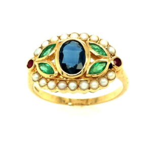 9ct Gold Sapphire, Emerald, Ruby & Pearl Ring