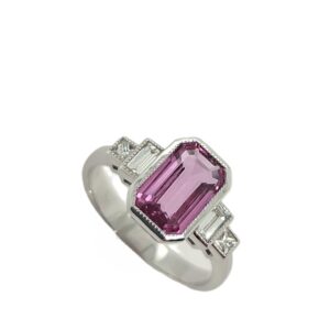 18 carat white gold Pink Sapphire and Diamond Art Deco style ring