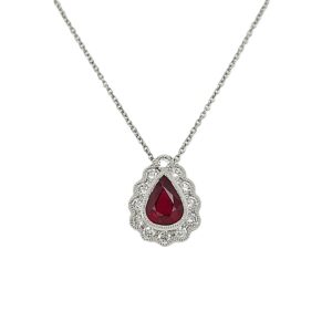 18 CARAT WHITE GOLD RUBY & DIAMOND CLUSTER PENDANT