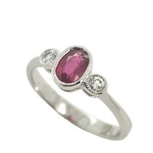 9CT WHITE GOLD RUBY & DIAMOND 3 STONE RING