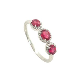 18CT WHITE GOLD RUBY & DIAMOND 3 STONE RING