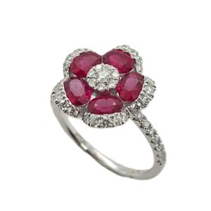 18CT WHITE GOLD RUBY & DIAMOND FLOWER CLUSTER RING