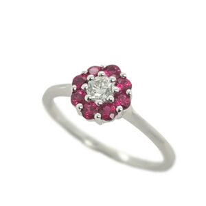 18CT WHITE GOLD RUBY & DIAMOND FLOWER CLUSTER RING