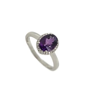 9CT WHITE GOLD AMETHYST & DIAMOND HALO CLUSTER RING