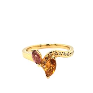 18CT YELLOW GOLD CITRINE, PINK TOURMALINE & DIAMOND MULTI STONE RING