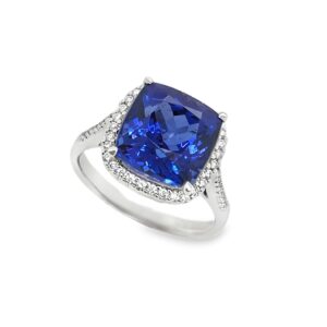 18CT WHITE GOLD TANZANITE & DIAMOND HALO RING