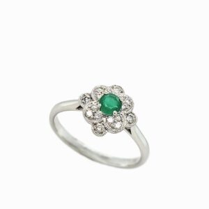 18CT WHITE GOLD EMERALD & DIAMOND FLORAL RING