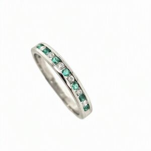 9CT WHITE GOLD EMERALD & DIAMOND HALF ETERNITY RING