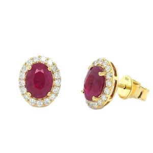 18CT YELLOW GOLD RUBY & DIAMOND HALO STUD EARRINGS
