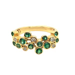 18CT YELLOW GOLD EMERALD & DIAMOND BUBBLE RING