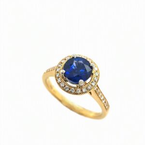 18CT YELLOW GOLD SAPPHIRE & DIAMOND HALO CLUSTER RING
