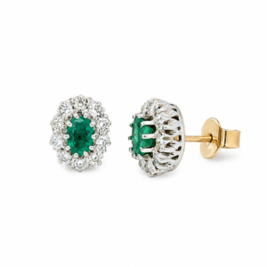 9CT YELLOW GOLD EMERALD & DIAMOND CLUSTER EARRINGS
