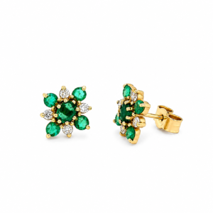 9CT YELLOW GOLD EMERALD & DIAMOND STUD EARRINGS