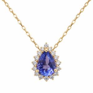 18CT YELLOW GOLD TANZANITE & DIAMOND CLUSTER NECKLET