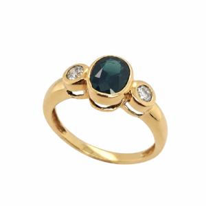 18CT YELLOW GOLD SAPPHIRE & DIAMOND THREE STONE RING